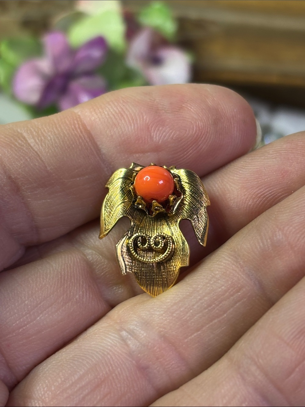 Gold-filled Leaf Brooch with Orange Glass Stone